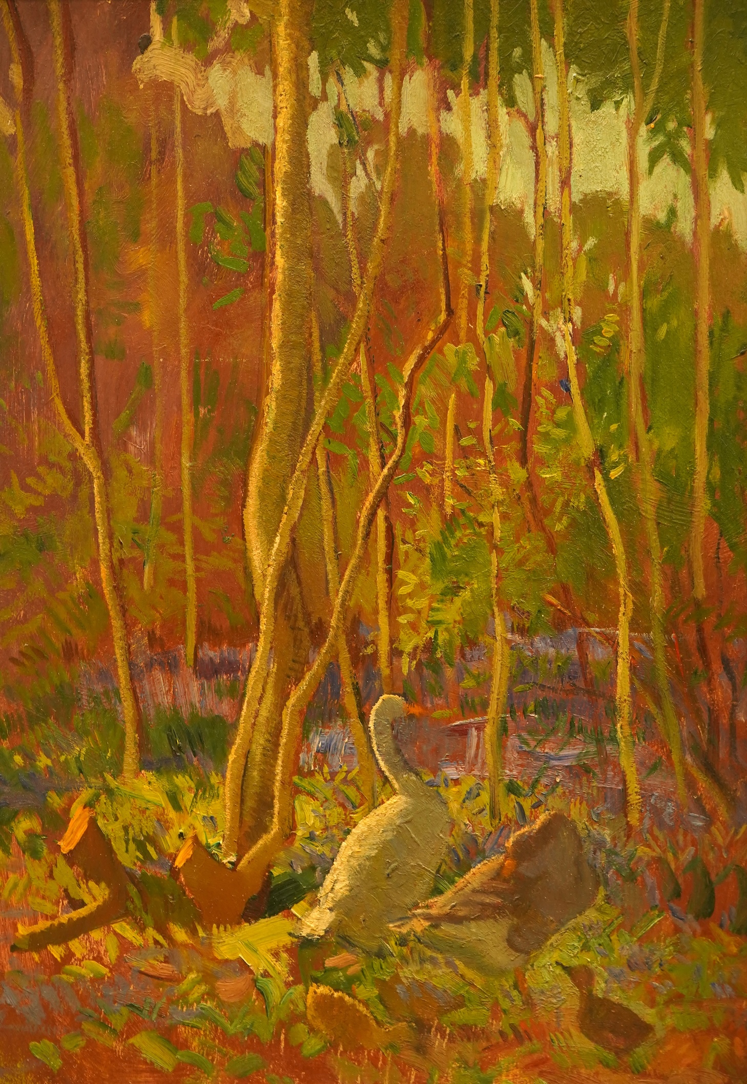 20th century School, Study of geese before trees, unsigned, oil on board, 34 x 23cm